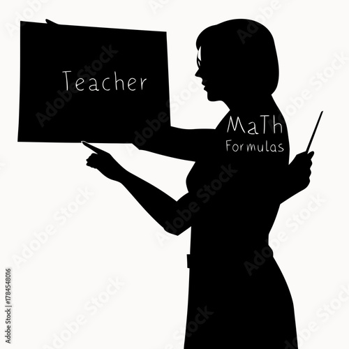 Silhouette of a teacher with a chalkboard teaching math formulas in a classroom setting illustration