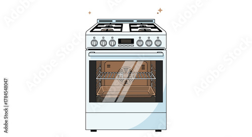A white freestanding gas stove with four burners on top and an oven with a glass door.