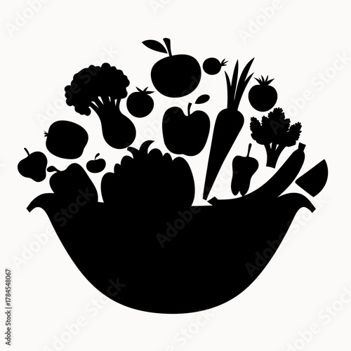 Silhouette of a bowl overflowing with various fruits and vegetables in a monochrome black and white style