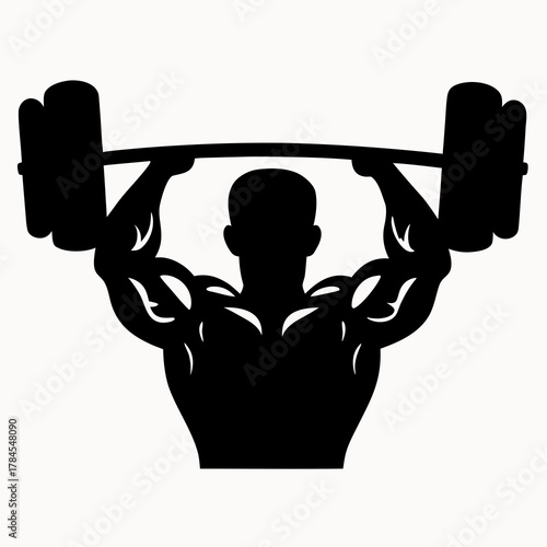 Silhouette of a muscular man lifting a barbell over his head in a fitness or weightlifting context
