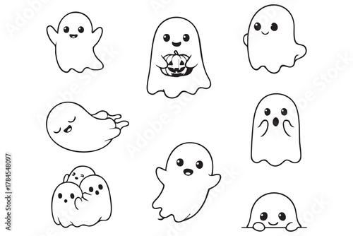 Ghost Outline. Set of Cute Cartoon Ghosts in Various Poses Halloween Clipart