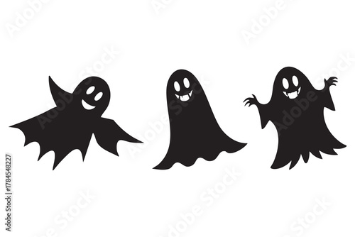 Ghost Outline. Set of Cute Cartoon Ghosts in Various Poses Halloween Clipart