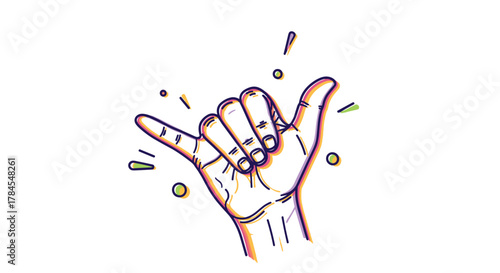 A hand making the shaka sign with colorful confetti flying around it.