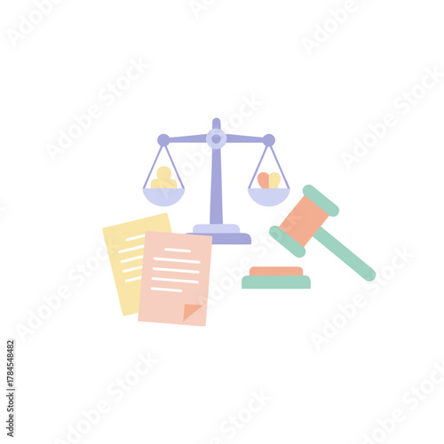 Flat Design Vector Illustration of Legal Consultation with Attorney at Desk Featuring Scales of Justice Gavel and Legal Documents in Clean Pastel Tones