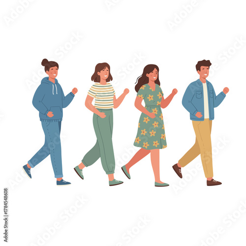 Four Diverse Friends Strolling Along a Sandy Trail Under a Bright Clear Sky A Vibrant Warm Flat Vector Illustration Capturing a Joyful Outdoor Excursion
