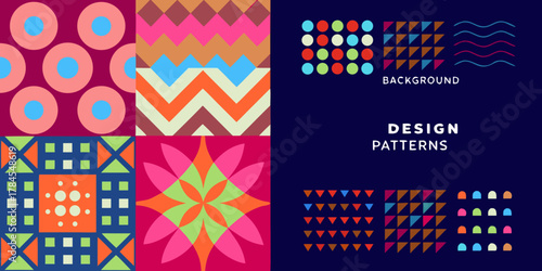 Collection of colorful geometric abstract patterns and design elements on a dark blue background