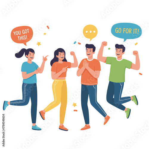 Four Friends Celebrating Together with Motivational Messages and Confetti in Warm Tones