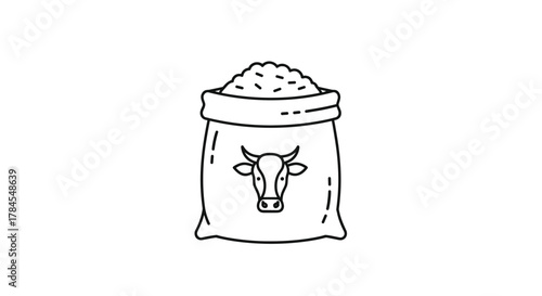 A close up line drawing of a burlap sack filled with feed and a cow face symbol on the front.