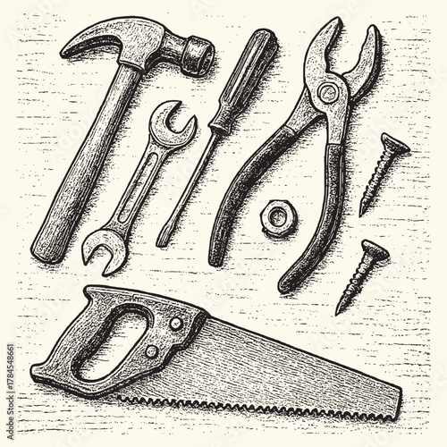 Retro Hand Tools Illustration for Builders and Craftsmen Classic Hand Tools and Fasteners on Wood