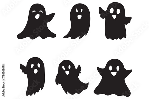 Ghost Outline. Set of Cute Cartoon Ghosts in Various Poses Halloween Clipart