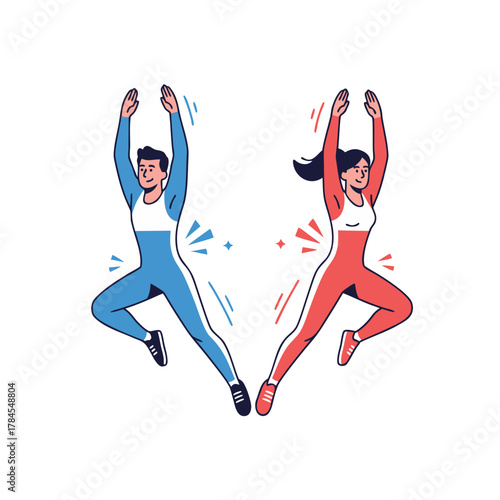 Energetic Man and Woman in Blue and Red Athletic Wear Jumping with Arms Raised in Synchronized Fitness Pose Against a Dark Background