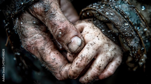 A close-up shot shows a child's small, dirty hand being held by a larger, equally soiled adult hand, with water droplets clinging to the grime.