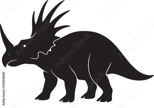 Silhouette of a styracosaurus dinosaur with prominent frill and horns against a white background