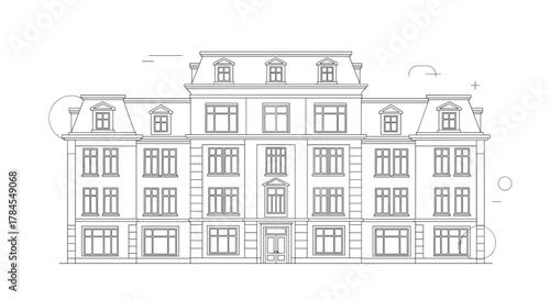 An architectural drawing of a grand building with dormer windows and balconies overlooking a central courtyard.
