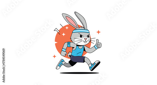 Cartoon rabbit athlete running with determination and energy on a white background.