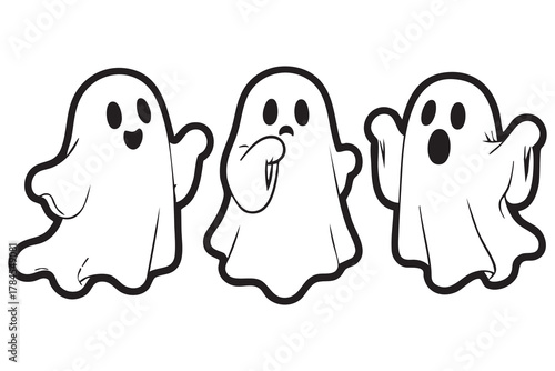 Ghost Outline. Set of Cute Cartoon Ghosts in Various Poses Halloween Clipart