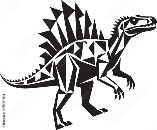 Stylized black and white geometric dinosaur illustration with a prominent sail on its back