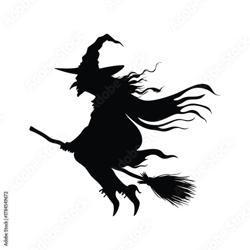 Vector Flying witch silhouette. Classic witch soaring on broomstick with pointed hat and flowing cloak.