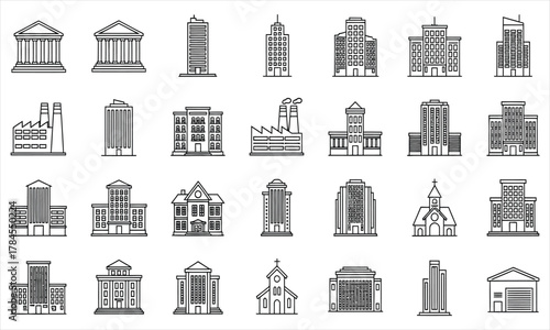 Diverse Collection of Line Art Building Icons for Architectural and Urban Design Projects