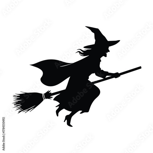 Vector Flying witch silhouette. Classic witch soaring on broomstick with pointed hat and flowing cloak.