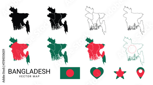 bangladesh map vector collection with flag heart star shapes and outline country borders set