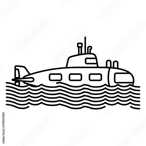 Simple submarine line art illustration, maritime vehicle, ocean exploration, watercraft technology