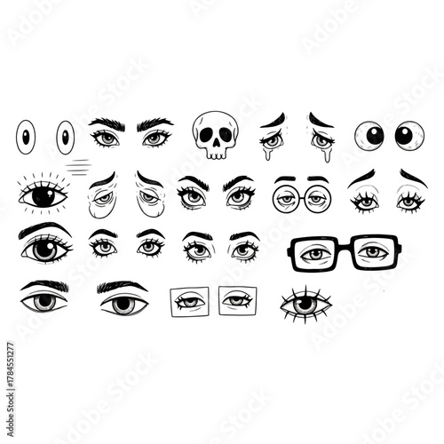 Hand drawn cartoon eyes collection, various emotions, expressions, and skull illustration set