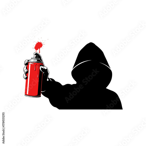 Hooded person with spray paint can creating urban street art, expressive graffiti splash