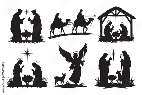 Nativity Scenes Silhouette Art Collection Festive Religious Celebration Iconography. isolated on white background