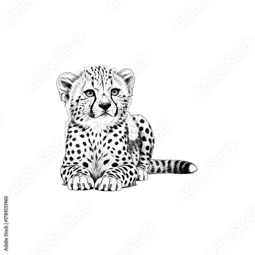 Adorable cheetah cub illustration, hand-drawn vector art, young wild animal, spotted feline, savanna wildlife