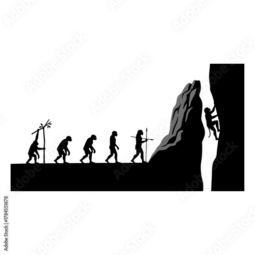 Human evolution progress, from primate to modern climber, silhouette design, adventure journey concept