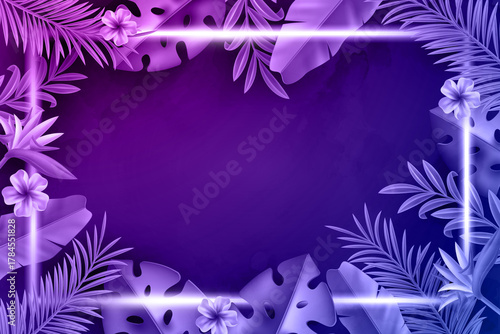 Purple Tropical Neon Frame with Palm Leaves and Flowers
