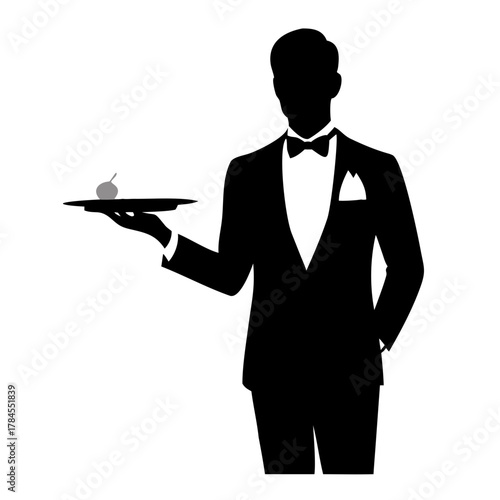 Elegant Waiter Silhouette in Tuxedo Serving Cocktail on a Tray Vector