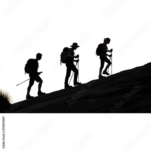 Silhouettes of three hikers with backpacks and trekking poles, ascending a challenging outdoor trail.
