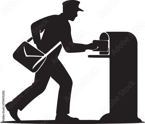 Silhouette Illustration of Mailman Delivering Postal Package to Mailbox Isolated on Checkered Backdrop Express Delivery Service Vector