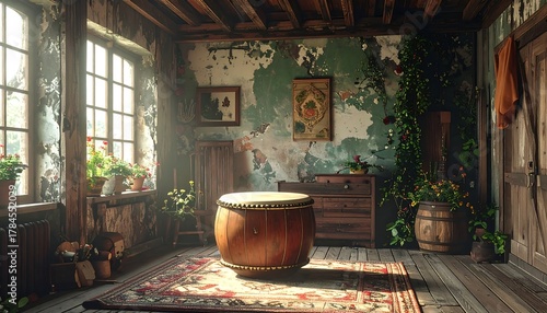 Wallpaper Mural Sunlit rustic room w/ worn walls, vintage furniture, plants, and a drum, creating a cozy, timeless atmosphere Torontodigital.ca