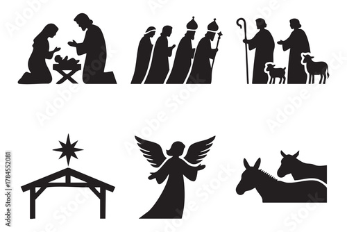 Nativity Scenes Silhouette Art Collection Festive Religious Celebration Iconography. isolated on white background