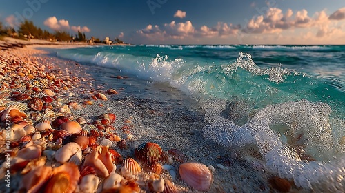 Fototapeta Naklejka Na Ścianę i Meble -  Turquoise ocean wave crashes onto shellcovered beach under sunny skies, creating foamy patterns in water