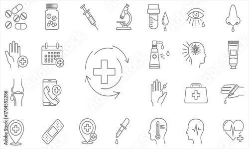 Collection of medical and health care icons representing various aspects of wellness and treatment