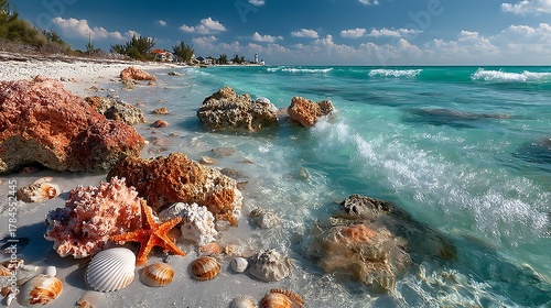 Waves gently wash over seashells and coral rocks on a beautiful tropical beach