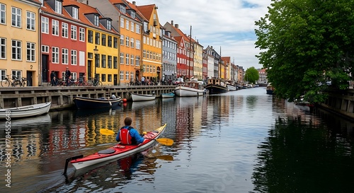 Colorful buildings line canal with kayaker in Copenhagen Denmark.
