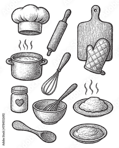 Engraved Kitchen Tools for Cooking and Baking Design Vintage Hand-Drawn Kitchen Utensils Collection Retro Culinary Illustration with Baking Accessories