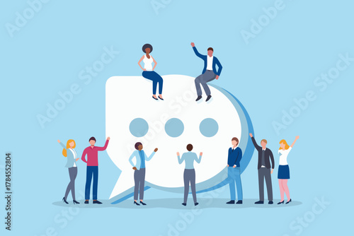 Diverse group of people interacting around a large speech bubble symbolizing communication and connection