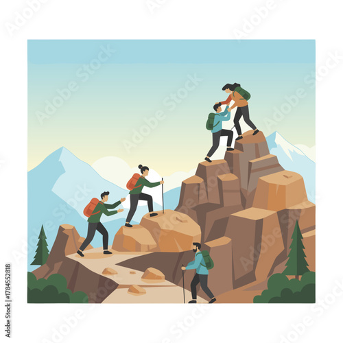 Group Of People Climbing A Rocky Mountain Summit Helping Each Other During The Day With Blue Sky And White Clouds In The Background