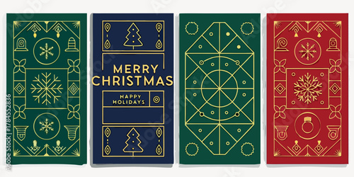 Set of four festive christmas greeting cards with geometric designs and holiday icons