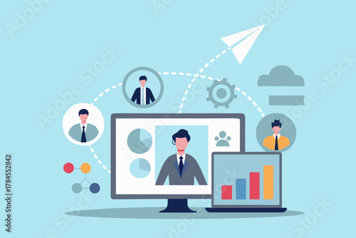 Diverse business professionals collaborating remotely with digital data and communication networks connecting them