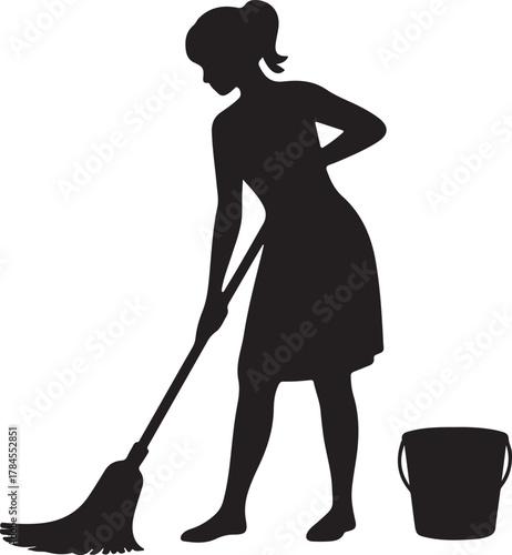 Silhouette of Housewife Cleaning with Mop and Bucket on Transparent Background Vector Illustration Exactly 130 Characters