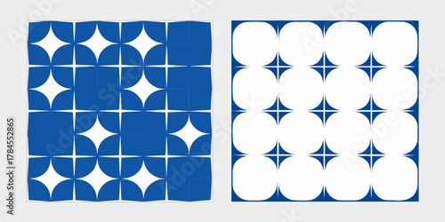 Geometric abstract pattern with blue and white star shapes and circles