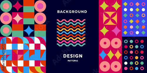 Vibrant geometric patterns and abstract designs on dark blue background