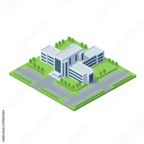 Isometric vector drawing of a modern hospital facility building with an entrance ramp glass panels and neutral colors surrounded by green grass and parking lots on a transparent background